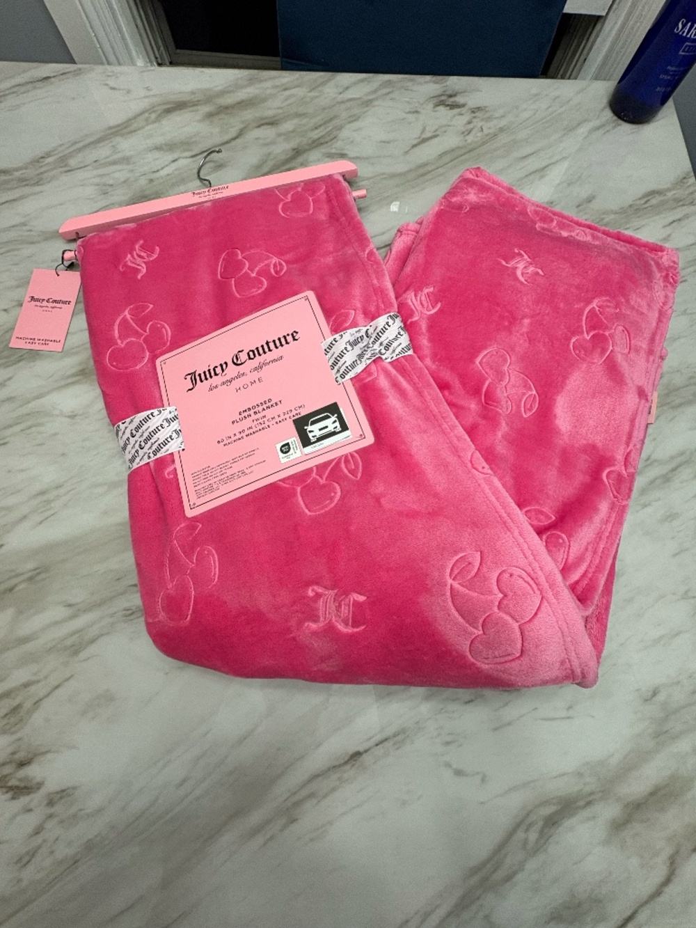 Juicy Couture Hot Pink Cherry Embossed Plush Blanket 60x90 NWT